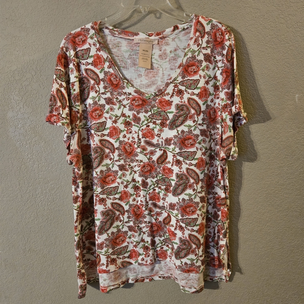 Philosophy Womens Pink Floral V Neck Short Sleeve Top XXL Pima Cotton Hi/Low Hem